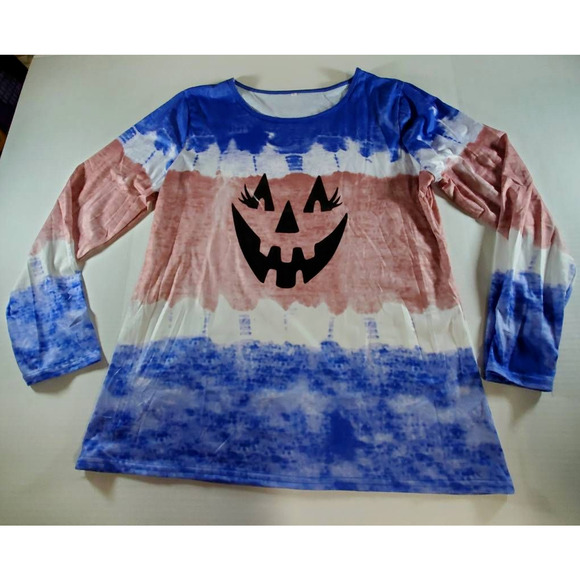 Unknown Tops - Halloween Jack O Lantern Womens 4XL T-Shirt Blue Pink Tie Dye Long Sleeve New